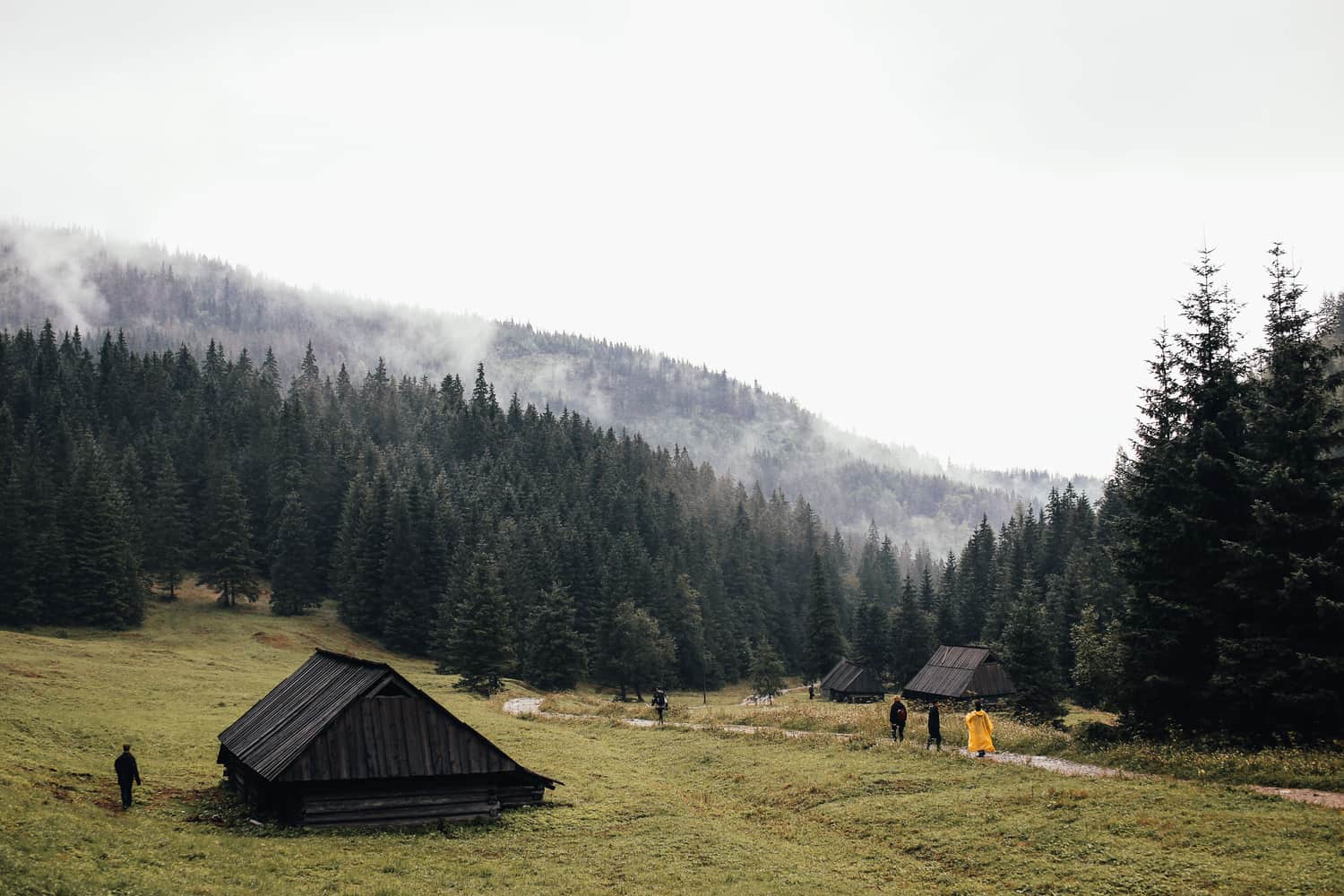 A wooden hut in a meadow below forested mountains